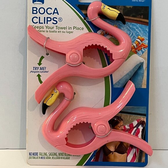 O2COOL ~ Set of 2 Pink Flamingo Boca Clips ~ Beach Towel Holders ~ New - Picture 1 of 8
